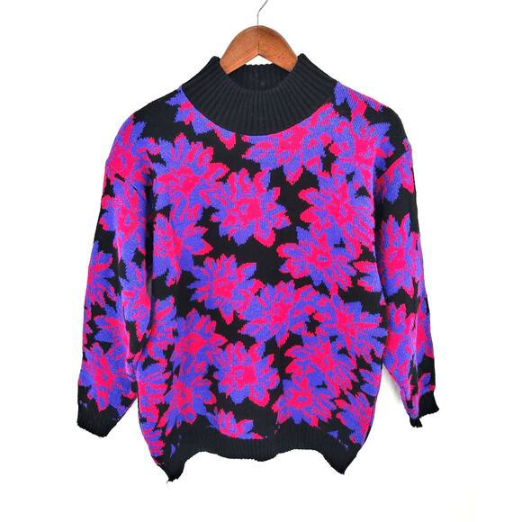 Vintage Spunky Black Purple & Pink Metallic Floral Grandma Knit Sweater Medium - Picture 6 of 6